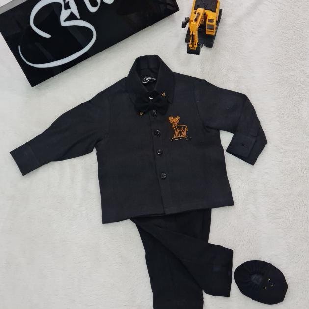 Black Linen Shirt Set with Deer Embroidery, Lachka Pant & Booties